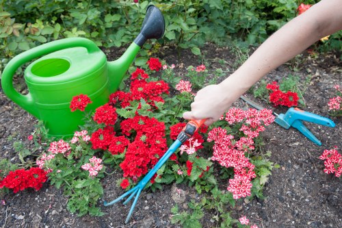 Technician trimming a hedge in Parsons Green near payment symbol overlay