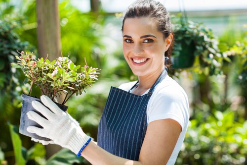 A young woman wearing a white t-shirt, grey apron with blue stripes, and white gardening gloves is standing outdoors in a garden with lush green foliage and flowering plants in the background. She is smiling at the camera and holding a small potted shrub with green leaves and pinkish new growth. The garden environment features a variety of vibrant green plants, some in the background slightly blurred to highlight the woman and the plant she is holding. The sunlight filters through the foliage, illuminating the scene with natural light, suggesting a bright, pleasant day suitable for outdoor gardening. This image exemplifies professional garden maintenance and planting activities typical of services offered by Hedge Trimming Parsons Green, emphasizing attention to detail in garden care and plant health in a well-maintained outdoor space within the Parsons Green area.